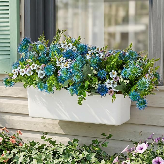 RM ROOMERS Artificial Flowers Plants for Outdoors, Fake Flowers Blue | Sea Holly UV Resistant Faux Flower for Garden Porch Windowbox Front Door Yard, No Fade Home Vase Decor (4 Bundles/24 stems)