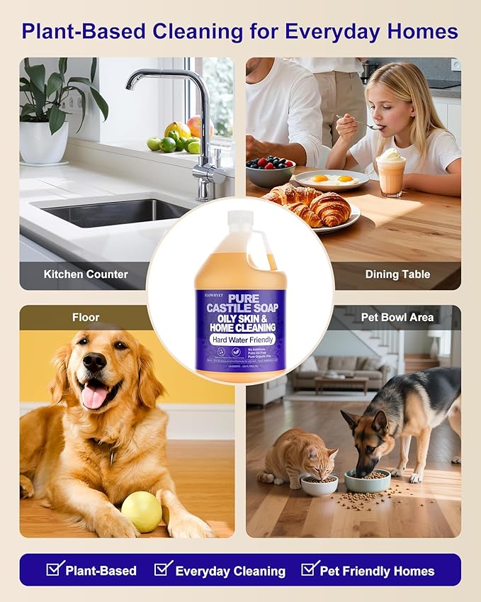1 Gallon Pure Castile Soap Liquid Lavender Refill –EWG Verified Natural Organic Body Wash, Hard Water Friendly Bath Soap for Oily Skin,Body, Laundry & Home Cleaning 128 fl oz