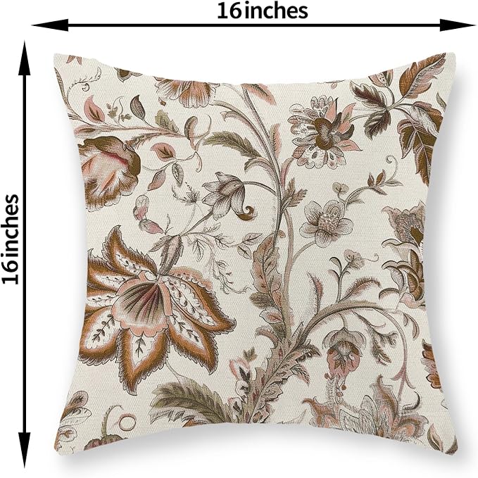 Brown Pillow Covers 16x16 Set of 2 Brown Chinoiserie Floral Throw Pillows Boho Vintage Flowers Decorative Pillow Cases Outdoor Chinoiserie Decor Farmhouse Linen Cushion Cover for Couch Sofa