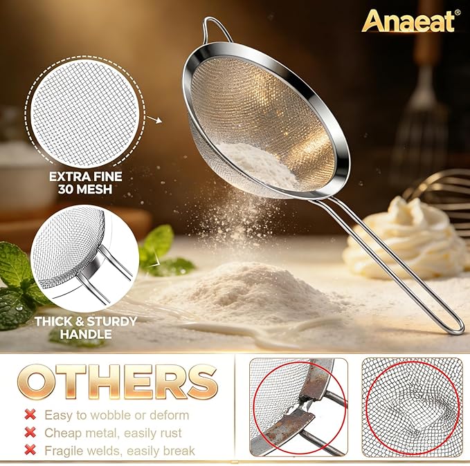 Anaeat Fine Mesh Strainers - Premium Stainless Steel Colander Sieve Sifters, with Durable Mesh and Sturdy Handle, Excellent for Sifting Dry ingredients, Flour, Pastas, Rice, Tea (7.87"）