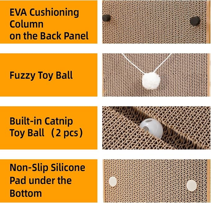 27.6 Inch Reinforced Cat Scratcher, L-Shaped Wall Mount Scratching Post with 2 Catnip Balls & 1 Fuzzy Ball Toy, Easy Flip Scratch Pad for Indoor Cats