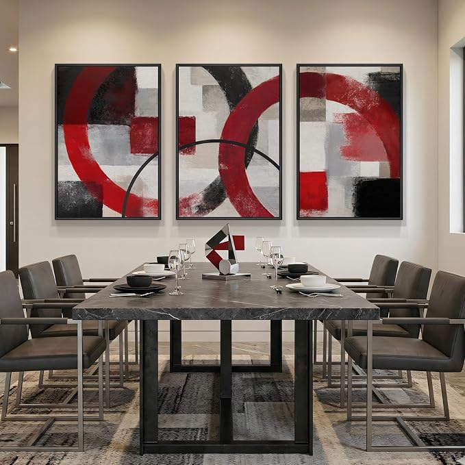 Large Framed Red Black White Abstract Wall Art for Living Room, Set of 3 Modern Canvas Prints Paintings Artwork for Walls, Red Black Geometric Pictures for Bedroom Hallway Office Wall Decor 24x36 In