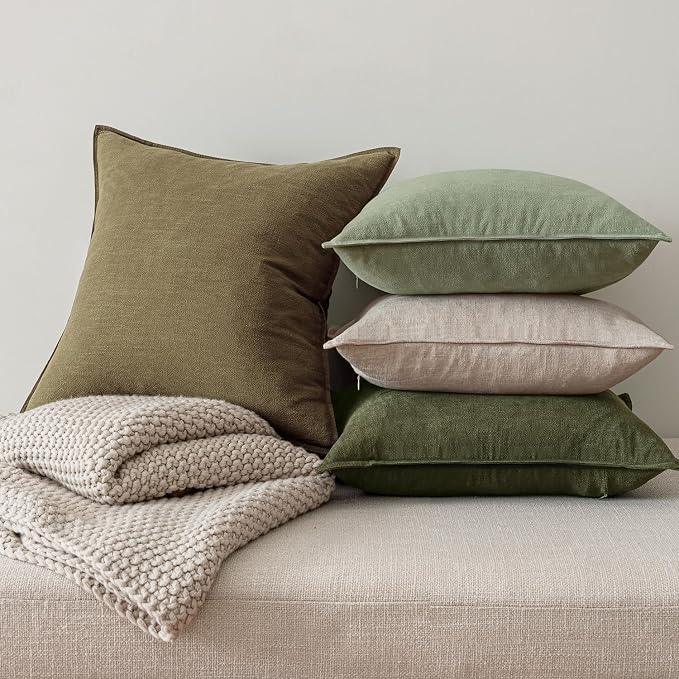 MIULEE Green and White Boho Linen Pillow Covers 20x20 Inch Pack of 4 | Natural Throw Pillow Covers, Soft Farmhouse Couch Pillowcases, Modern Decor for Living Room Bed Sofa