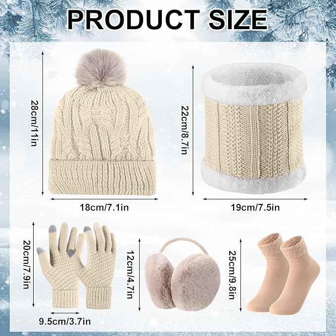 SATINIOR 5 Pcs Winter Hat Scarf Gloves Set Fleece Warm Lined Knit Beanie Hat Touch Screen Earmuff Gloves Warmer for Women(Beige,Fresh Style)
