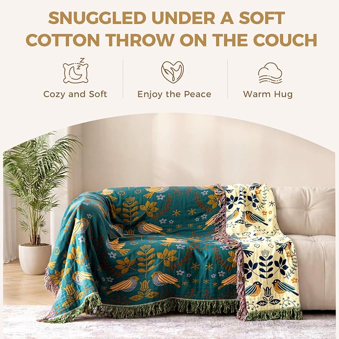 LUTBM Boho Throw Blanket for Couch 50"x60", 100% Cotton Soft Bed Blankets | Reversible Floral Birds Embroidery Throws, All-Season, For Chair Sofa Living Room Bedroom, Lightweight Breathable, Home Decor