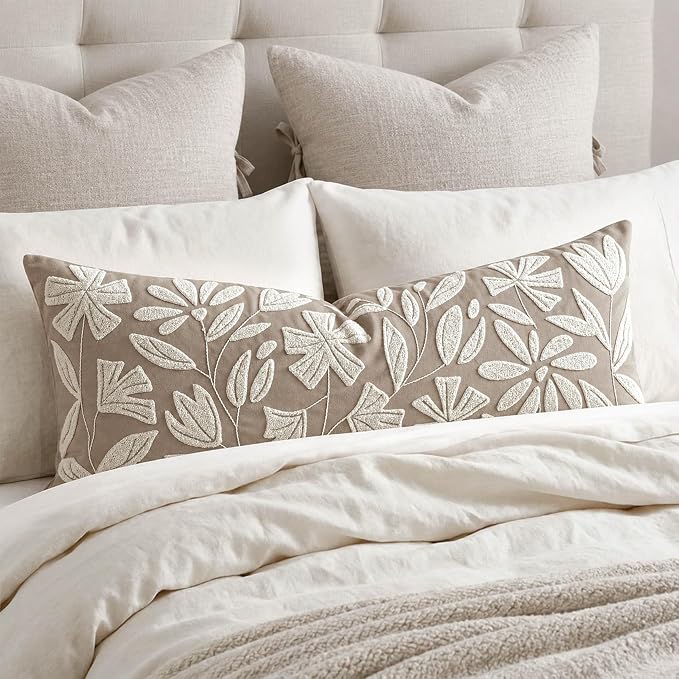 Long Lumbar Pillow Cover 14x36 for Bed, Light Taupe Floral Tufted Velvet Accent Oversize Throw Pillowcase for Bedroom, Cover Only
