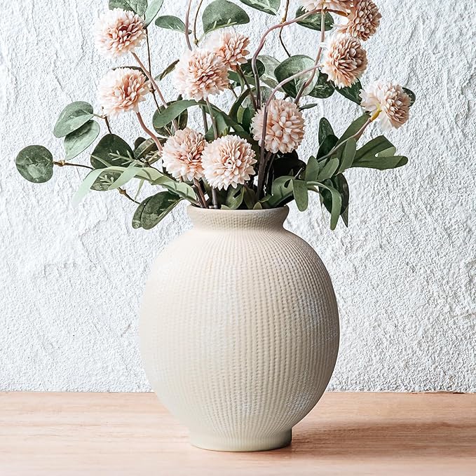 Ceramic Decorative Flower Vase - Rustic Farmhouse Boho Ceramic Vase for Home Decor, Table Centerpiece, Living Room, Bathroom, Book Shelf, Mantel Decoration, Wedding Decor (6.8" White)