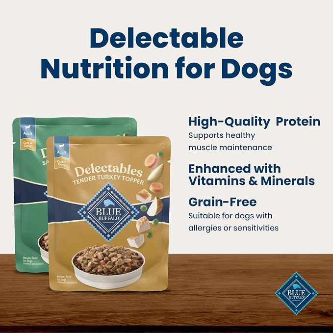 Blue Buffalo Delectables Variety Pack Dog Food Topper, 3 oz, 12 ct | Lamb & Turkey Recipes, Real Meat with Garden Veggies in Gravy, Single-Serve Pouches, Topper or Treat