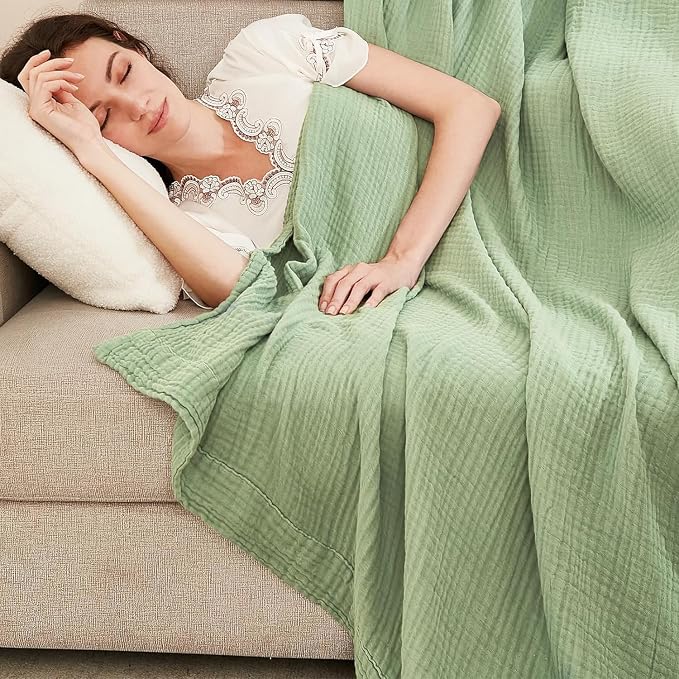 EMME Muslin Blankets for Adults Throw Blanket for Couch Breathable Gauze Soft Lightweight Airy Sage Green Queen 90" x 90"