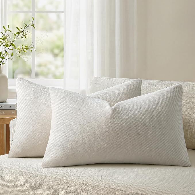 a moment Pack of 2 Decorative Chenille Throw Pillow Covers with Twill Cushion Covers for Sofa Living Room Couch Bed 12x20 Inch Raw White
