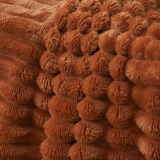 Burnt Orange Fleece Throw Blanket 90”×90” for Couch Sofa Livingroom | Linecooo Super Soft Cozy Plush Microfiber Flannel Bed Blanket Striped Design Lightweight Home Decor Gifts for Adult Mom Women