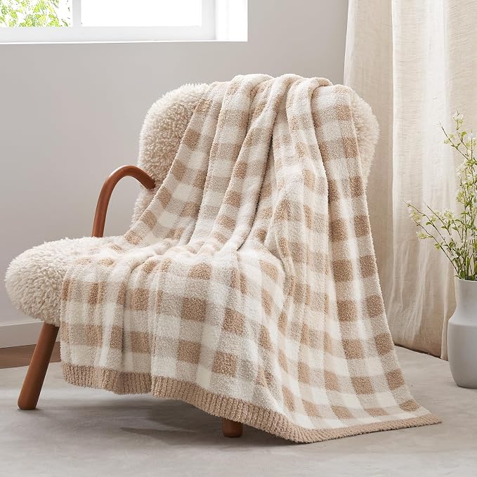 Snuggle Sac Checkered Throw Blanket for Couch, Super Soft Cozy Warm Knit Netural Decorative Fluffy Blankets, Reversible Buffalo Plaid Microfiber Throws for Sofa Bed, Plaid Beige, 50x60 Inches