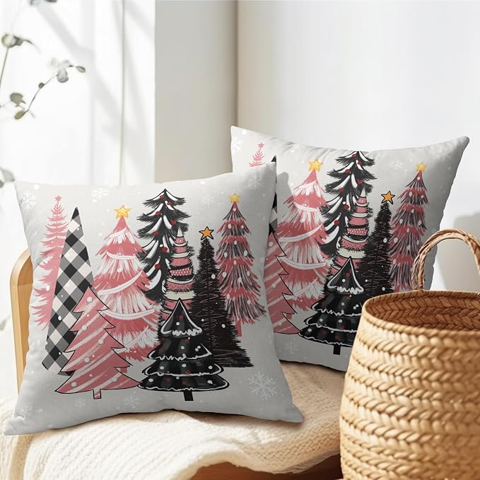 Kawani Christmas Tree Throw Pillow Covers 2 Pcs 16x16 Inches - Pink Black Plaid Xmas Trees Decorative Pillowcase Cotton Linen Square Cushion Case for Couch Sofa Bed Bedroom Living Room