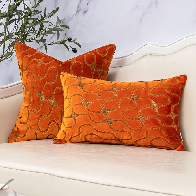 Orange Throw Pillow Cover Wavy Cushion Cover Modern Zippered Rectangular Pillowcase for Sofa Couch Bedroom Living Room Home Decorative, 12x20 Inch
