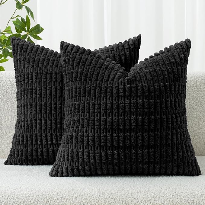 MIULEE Pack of 2 Corduroy Decorative Throw Pillow Covers 18x18 Inch Soft Boho Striped Pillow Covers Modern Farmhouse Home Decor for Sofa Living Room Couch Bed Black | Soft Boho Striped Pillow Covers Modern Farmhouse Home Decor For Sofa Living Room Couc...