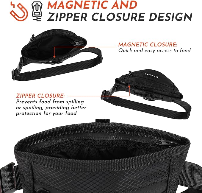 Dog Treat Pouch with Training Clicker, Treat Bag Fanny Pack with Magnetic and Zipper Closure Waterproof and Durable Treat Pouches for Pet Training Walking (Black)