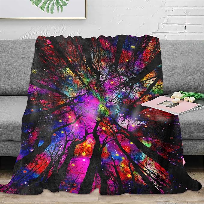 Blacklight Galaxy Forest Throw Blankets UV Reactive Night Sky Throw Blanket Glow in the Dark Under Black Lights Game Room Decor Soft Throw Gifts 59x51 Inches
