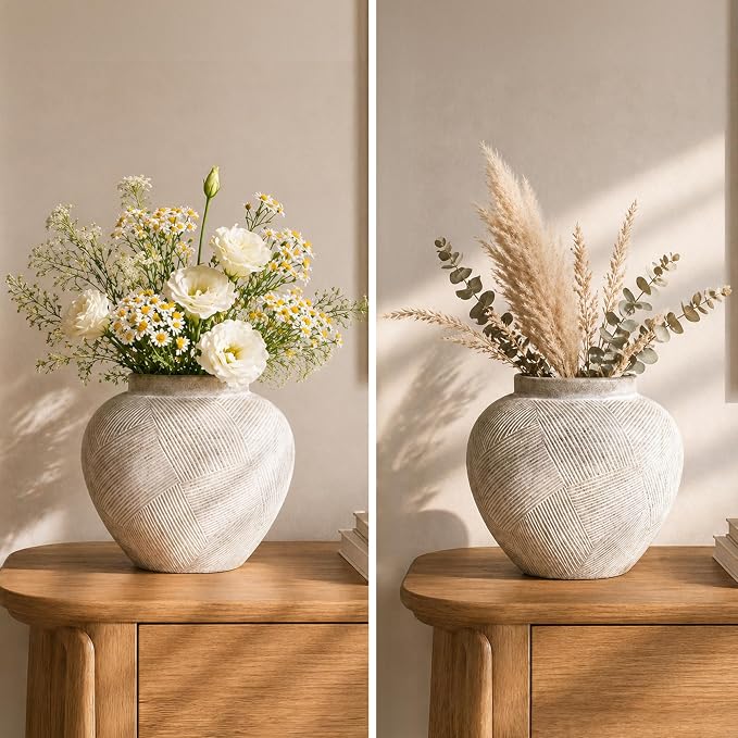 DREAMLOOM 9.3 Inch Flat Ceramic Flower Vase, Cream Grey | Textured, Farmhouse Vintage, Pottery Terracotta, Home Decor, Living Room Dining Table Wedding Centerpieces
