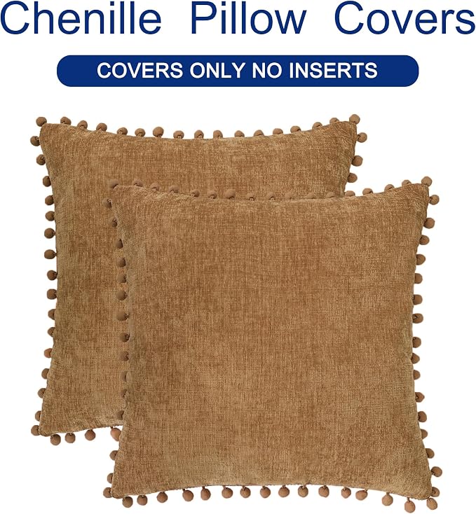 CaliTime Decorative Couch Throw Pillow Covers 16 X 16 Inches Apricot Brown | Pack of 2, Cozy Chenille Cushion Cases, with Pom Poms for Sofa Bed Living Room Farmhouse Home