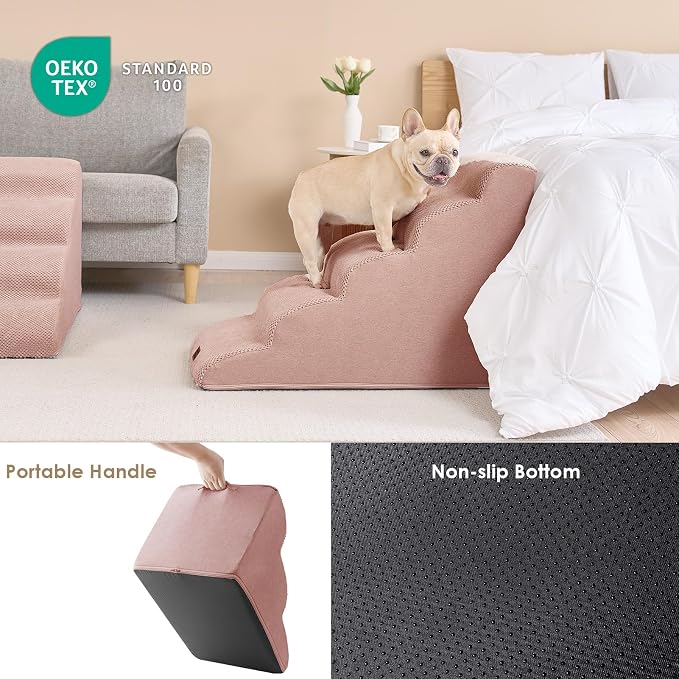EHEYCIGA Curved Dog Stairs Ramp, 5-Step High Beds, 22.6" H Pet Step | 33D density of pure foam, for Small Dogs and Cats, Pet Stairs for High Bed Climbing, Non-Slip Balanced Indoor, Dusty Pink