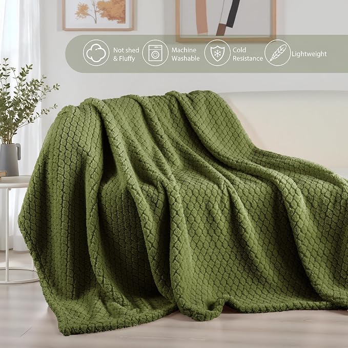 Exclusivo Mezcla Soft Fleece Twin Size Blanket for Bed, Olive Green | Jacquard Lightweight Cozy Bed Blanket, Breathable Decorative Fuzzy Textured All Season Use, 60x80 Inches