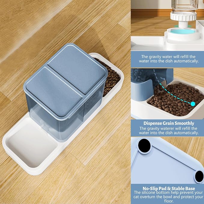Yummy Sam Automatic Small Pet Feeder and Water Dispenser, Blue | 2 in 1 Gravity Cat Auto 1.5L Pet Feeder and 1L Waterer Set, Feeder Dish for Small Medium Pets Dog Puppy Kitten