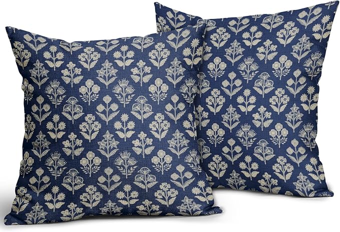 Dark Blue Floral Block Print Pillow Covers 18x18 Inch Set of 2, Vintage Flower Pattern Decorative Throw Pillowcases Outdoor Farmhouse Cushion Covers Spring Summer Rustic Sofa Couch Bed Decor