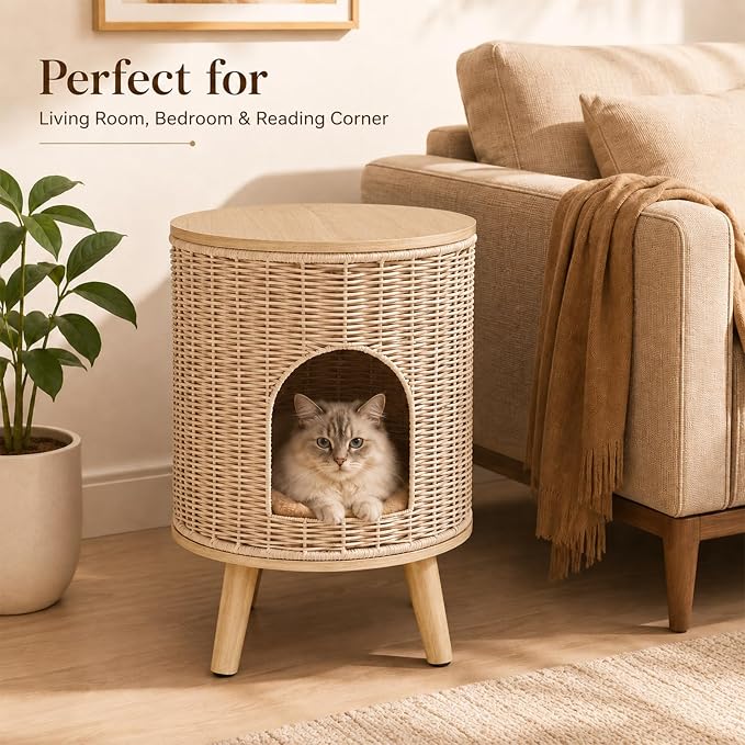 Rattan Cat House End Table, 2-in-1 Cat Bed Side Table, Stylish Pet Furniture for Indoor Cats in Living Room and Bedroom (Natural, 15.7”L x 15.7”W x 22”H)