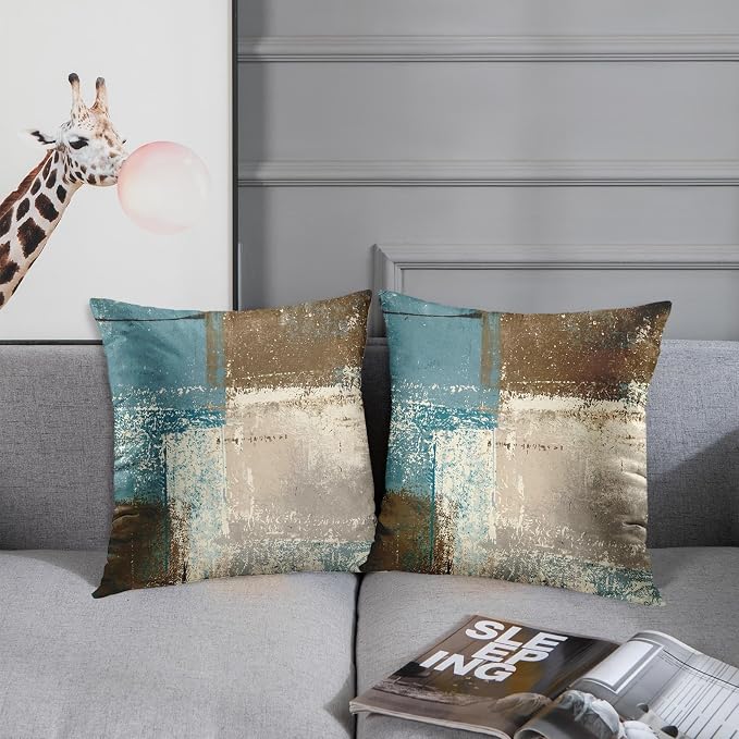 Emvency Throw Pillow Covers Set of 2, 18 x 18 Inch, Abstract Teal Modern | Beige Brown Outdoor Decorative Square Pillow Cases Couch Cushion Case for Couch Bed Sofa Living Room Home Decor