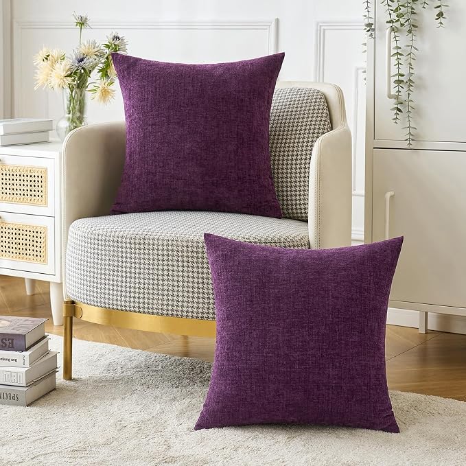 MIULEE Soft Chenille Throw Pillow Covers Plum Purple 18x18 Inch Pack of 2 | Modern Home Decor, Classic Decorative Pillows, Solid Dyed Cases, Boho Couch Cushion Covers for Sofa Bed Living Room