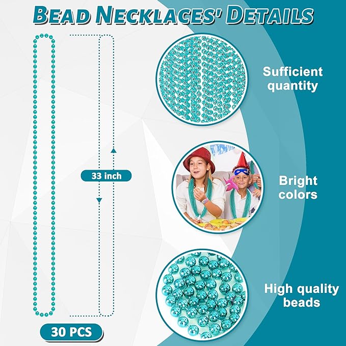 30PCS Mardi Gras Beads, Metallic Teal Blue Bead Necklace, 33" Mardi Gras Necklace Party Favors Stuff, Festival Parade Throw Accessories for Gender Reveal Wedding Birthday Party Supplies Decor