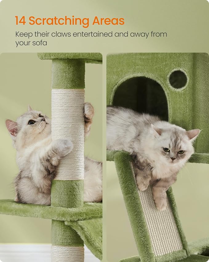 Feandrea Cat Tree, 81.1-Inch Large Cat Tower, Multi-Level Condo, Green | with 13 Sisal Scratching Posts, 2 Perches, 2 Cave, Hammock, Basket, Pompoms for Indoor Cats, Easy to Assemble, UPCT190C01