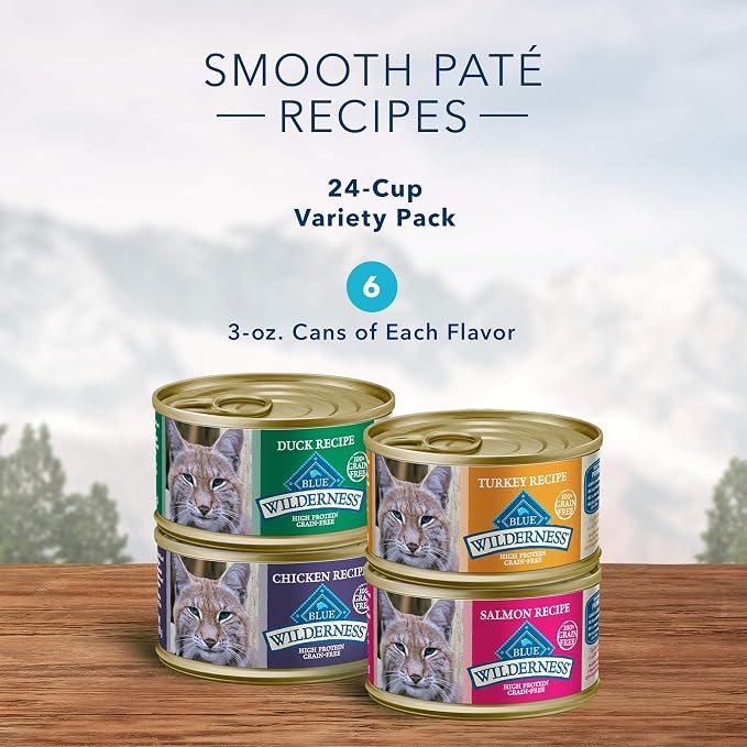 Blue Buffalo Wilderness Variety Pack Adult Paté Wet Cat Food, 3 oz, 24 ct | Chicken, Salmon, Duck & Turkey (6 of Each), High Protein & Grain-Free Recipe, Supports Energy for an Active Life