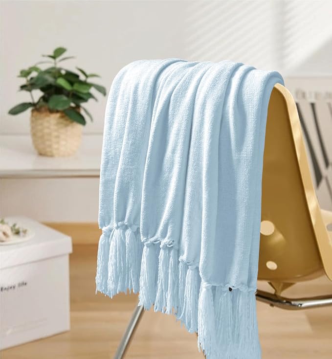 Chenille Throw Blanket for Couch 50" x 60", Light Blue | Soft Cozy Warm Throws with Fringe Tassel, for Living Room Bed Sofa Chair Cover, Lightweight Knitted Decorative Boho Blankets