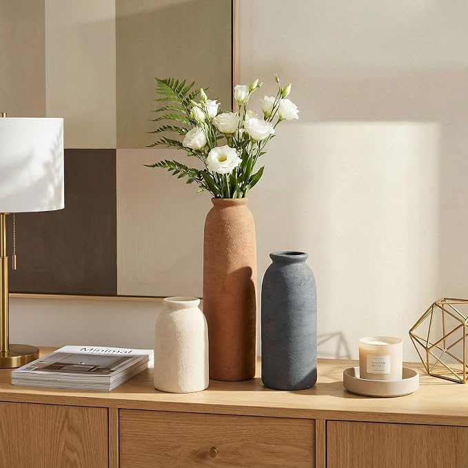 Ceramic Vase Set of 3, Small Flower Rustic Vases Home Table Decor, Modern Farmhouse Neutral Boho Pampas Pottery Vases Decorative for Centerpiece Mantel Entryway Shelf Living Room Kitchen