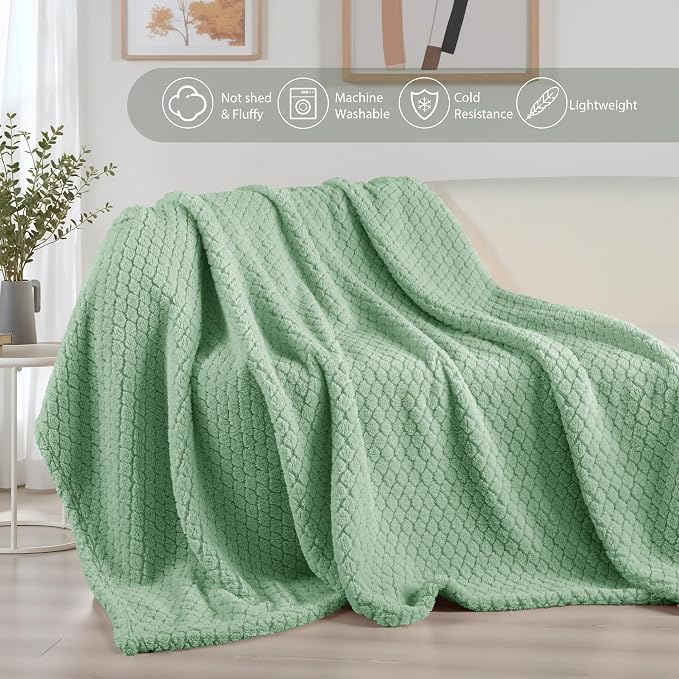 Exclusivo Mezcla Soft Fleece Queen Size Blanket for Bed, Sage Green | Jacquard Lightweight Cozy Bed Blanket, Breathable Decorative Fuzzy Textured All Season Use, 90x90 Inches