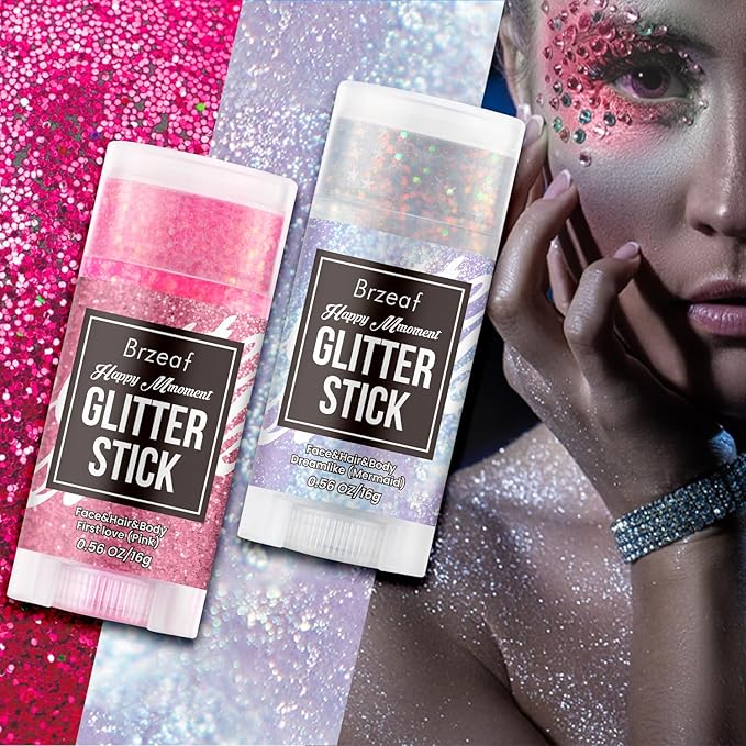 Brzeaf Christmas Pink Glitter Stick, Not Greasy & Long Lasting, Chunky Glitter for Face/Body/Hair/Eyes/Lip, Singer Concert Music Rave Festival, Glitter Stick Makeup & Face Glitter Gel for Women Men