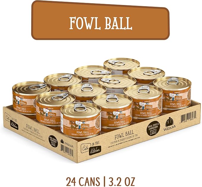 Weruva Cats in the Kitchen, Fowl Ball with Chicken & Turkey Au Jus Cat Food, 3.2oz Can (Pack of 24)