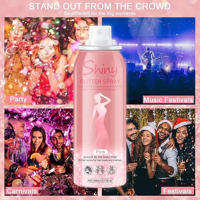 Hair and Body Glitter Spray, Holographic Glitter Highlighter Powder, Hairspray for Clothes, Face Body Shiny Glitter, Loose Shimmer Hairspray Festival Rave Prom Accessories, 2.11 Fl Oz (Pink)