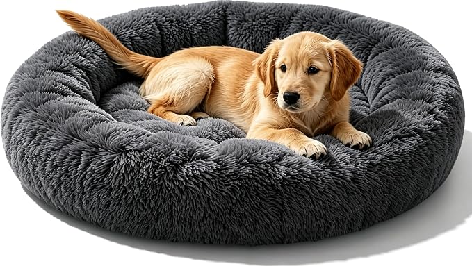 Calming Extra Large Donut Dog Bed, Anti-Anxiety Round Soft Fluffy Plush Faux Fur Washable Anti-Slip Pet Bed for Medium Dogs Up to 45 lbs 32in Darkgray