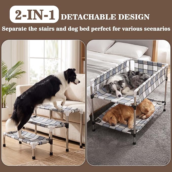 Bedside Dog Bunk Bed with Guardrail & Stairs, Elevated Double Pet beds | Window Perch Sleeper Raised Cosleeper 2 layers Double Stainless Steel Removable Small Medium Large Multiple