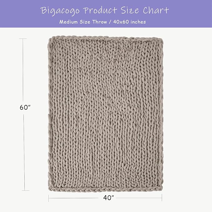 Bigacogo Chunky Knit Throw Blanket for Couch, 40x60 inches, Taupe | Hand Knit with Jumbo Chenille, Soft Breathable Cable Knit for Sofa Bed Living Room, Machine Washable, Gift for Mom Friend
