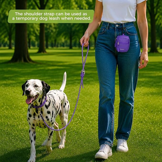 Dog Treat Pouch with Poop Bag Holder, Small Crossbody Bag for Puppy Training and Walking, Shoulder Strap Can Use as Dog Leash- Pet Travel Accessories, Metal Carabiner Attached (Purple) | 900D Oxford Fabric