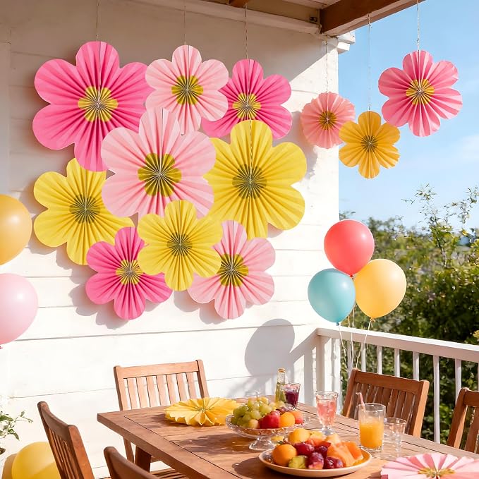 SUNBEAUTY Paper Flowers Decorations for Wall Gold Flower Party Decorations Hanging Fans Floral Backdrop Decor Mothers Day Birthday Wedding Baby Shower Decoration Wall Set of 9