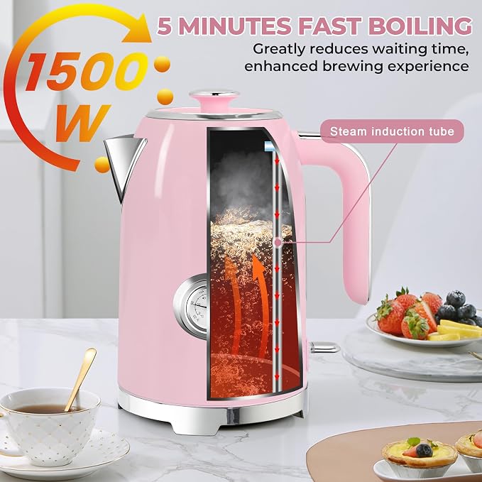 SUSTEAS Electric Kettle - 57oz Hot Tea Water Boiler with Thermometer, 1500W Fast Heating Stainless Steel Pot, Cordless LED Indicator, Auto Shut-Off & Boil Dry Protection, Pink