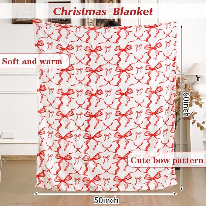 Red Bow Throw Blanket 50"x60" Soft Flannel for Girls Women | Coquette Aesthetic Decor with Ruffled Edges, Ultra Plush Bed Sofa Blanket, Preppy Gift for Teens, Back to School Dorm Room