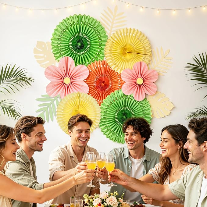 SUNBEAUTY Paper Flowers Pink and Green Party Decorations Hanging Fans Spring Summer Decor for Wall Wedding Backdrop Bridal Shower Birthday - 9Pcs