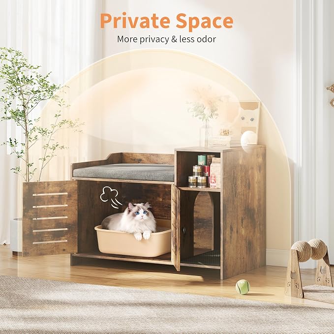 Cat Litter Box Enclosure Furniture, Large Hidden Litter Box Cabinet with Double Door, End Table Cat House with Storage Shelf, Modern Pet Furniture for Living Room, Brown