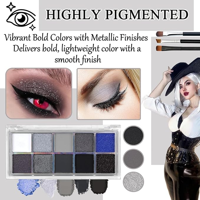 Black Grey Smoky Eyeshadow Palette,15 Colors Matte Shimmer Pigmented Eye Shadow Makeup Palette Set with 3 Eyeshadow Brushes,Glitter Eye Shadow Palette for Daily Halloween Goth Makeup(E)