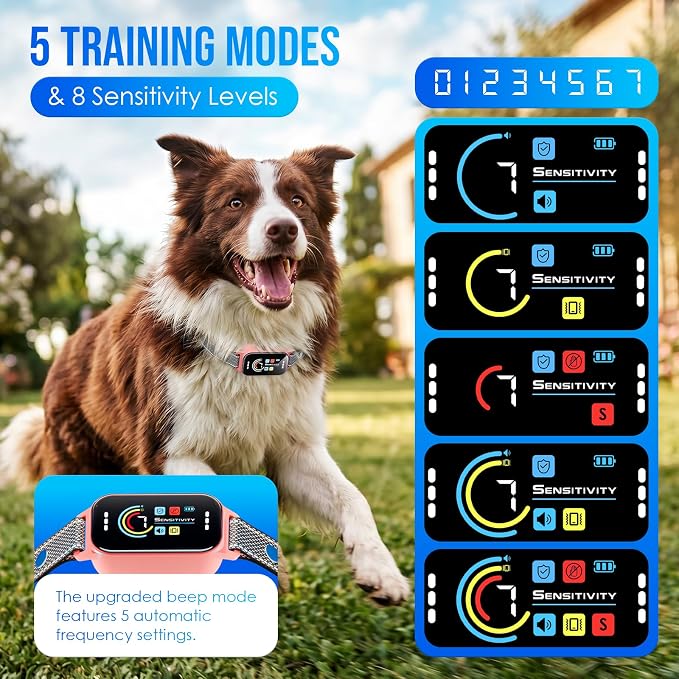 Dog Bark Collar, Auto Anti Barking Collar for Large Medium Small Dogs 11-120lbs, 7 Sensitivity Levels, 5 Safe Training Modes, Humane Bark Training Collar, No Shock Option Pink